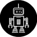 a round black and white icon with a robot on it