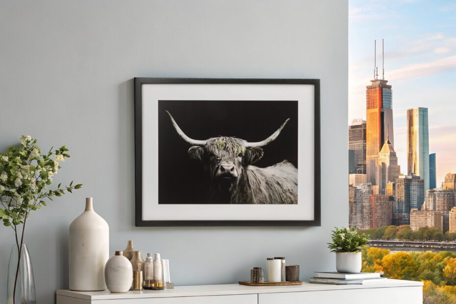 framed print of long horned cow