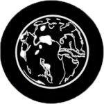 round black and white icon containing a globe